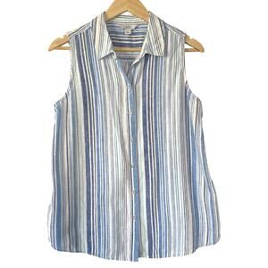 Croft & Barrow Womens Sleeveless Button Up Linen Blue Stripe Beachy Size Medium